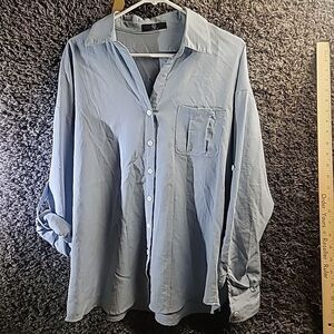 IECCP Top Women's Button Down  Long Sleeve Roll Up Tap Blue Blouse Shirt‎ XL